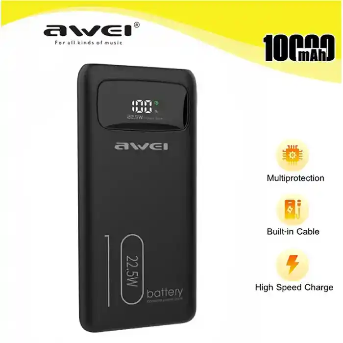 Awei P168K 10000mAh 22.5W Power Bank Fast Charging with LCD Display and Built-in Cables